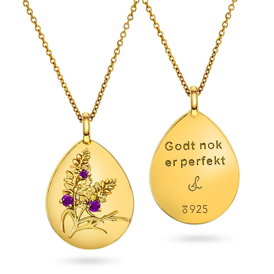 Amulett  "Godt nok er perfekt" med ametyst og forgylt sølv